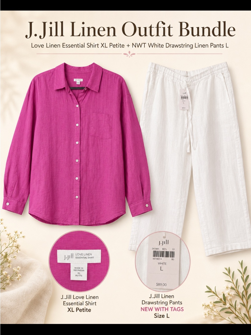 J.Jill Linen Essential Pink Top & White Drawstring Linen Pants - J. Jill